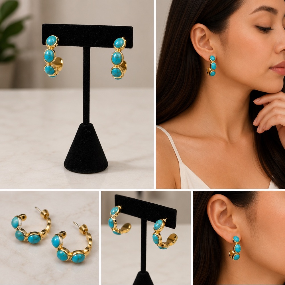 Gold Hoop Earrings with Turquoise Cabochons - Women Jewelry